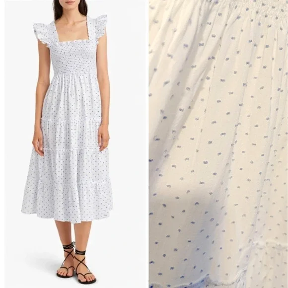 Hill House Ellie Nap Dress $178 Blue Polka Dot Cottagecore Smocked Midi White XS - Picture 2 of 10